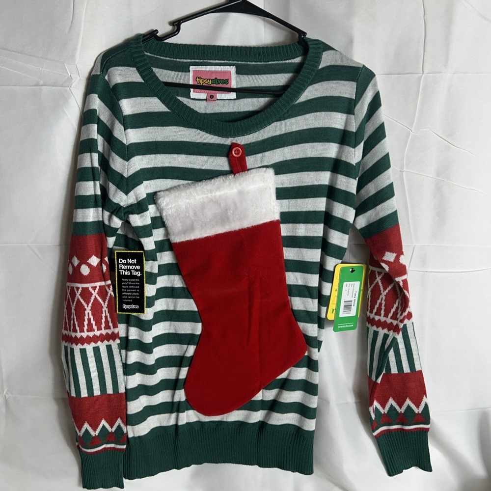 TIPSY ELVES STOCKING STUFFER 3D UGLY CHRISTMAS SWEATER Women's Size Small  NEW